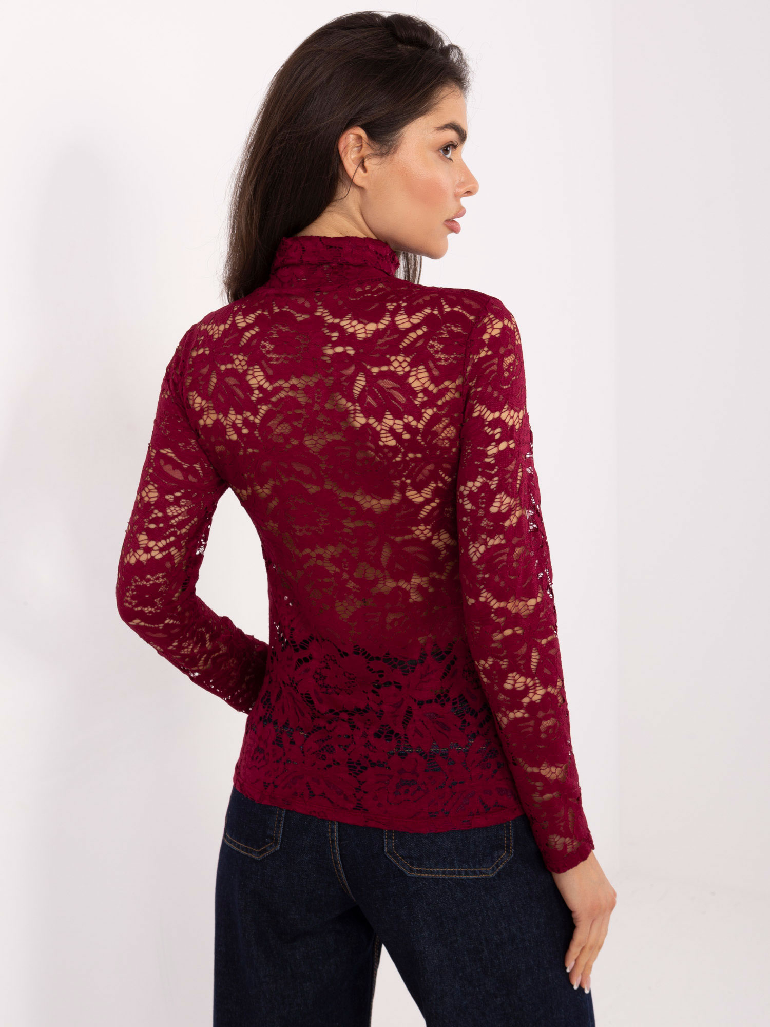 Burgundy fitted lace blouse.