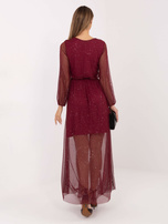 Burgundy flared dress with a belt.