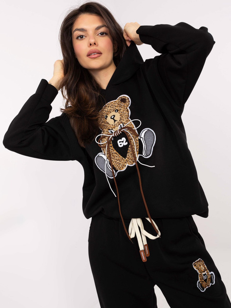 Hurt Czarny dresowy komplet damski z naszywką misia