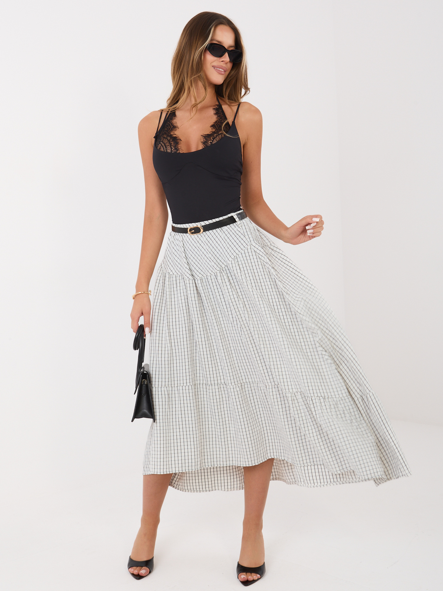 Ecru letnia spódnica w kratkę