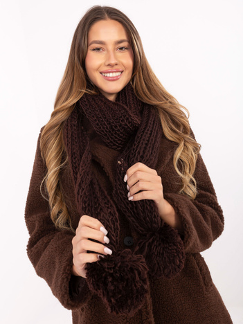 Ciemnobrązowy ciepły szal z pomponami  