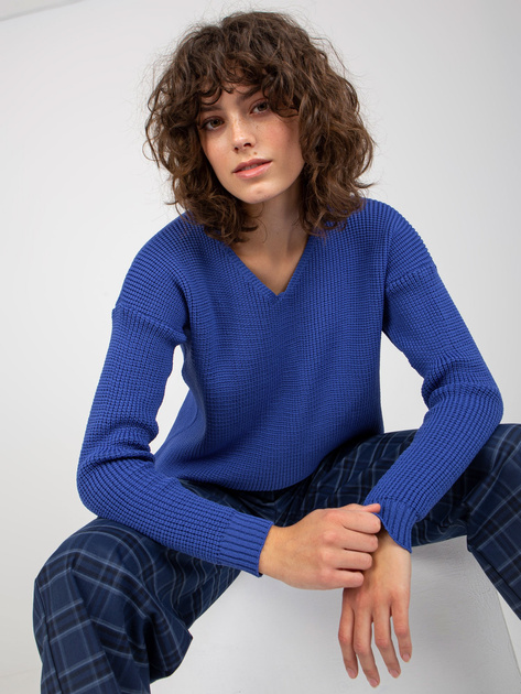 Hurt Kobaltowy gładki sweter oversize z dekoltem V