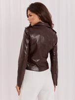 Dark brown women's faux leather biker jacket.