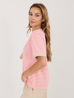 Fluo różowo-beżowy bawełniany t-shirt w paski RUE PARIS 
