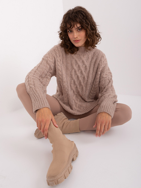 Hurt Ciemnobeżowy sweter z warkoczami o luźnym kroju