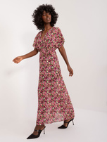 Wholesale Black-Pink Long Women's Dress with Floral Patterns.