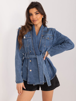 Hurt Ciemnoniebieska damska kurtka jeansowa z paskiem