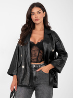 Czarna skórzana marynarka z rękawem 3/4 RUE PARIS 