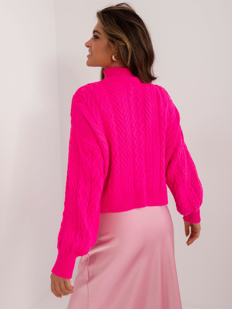 Hurtownia Fluo różowy damski sweter we wzór warkoczy