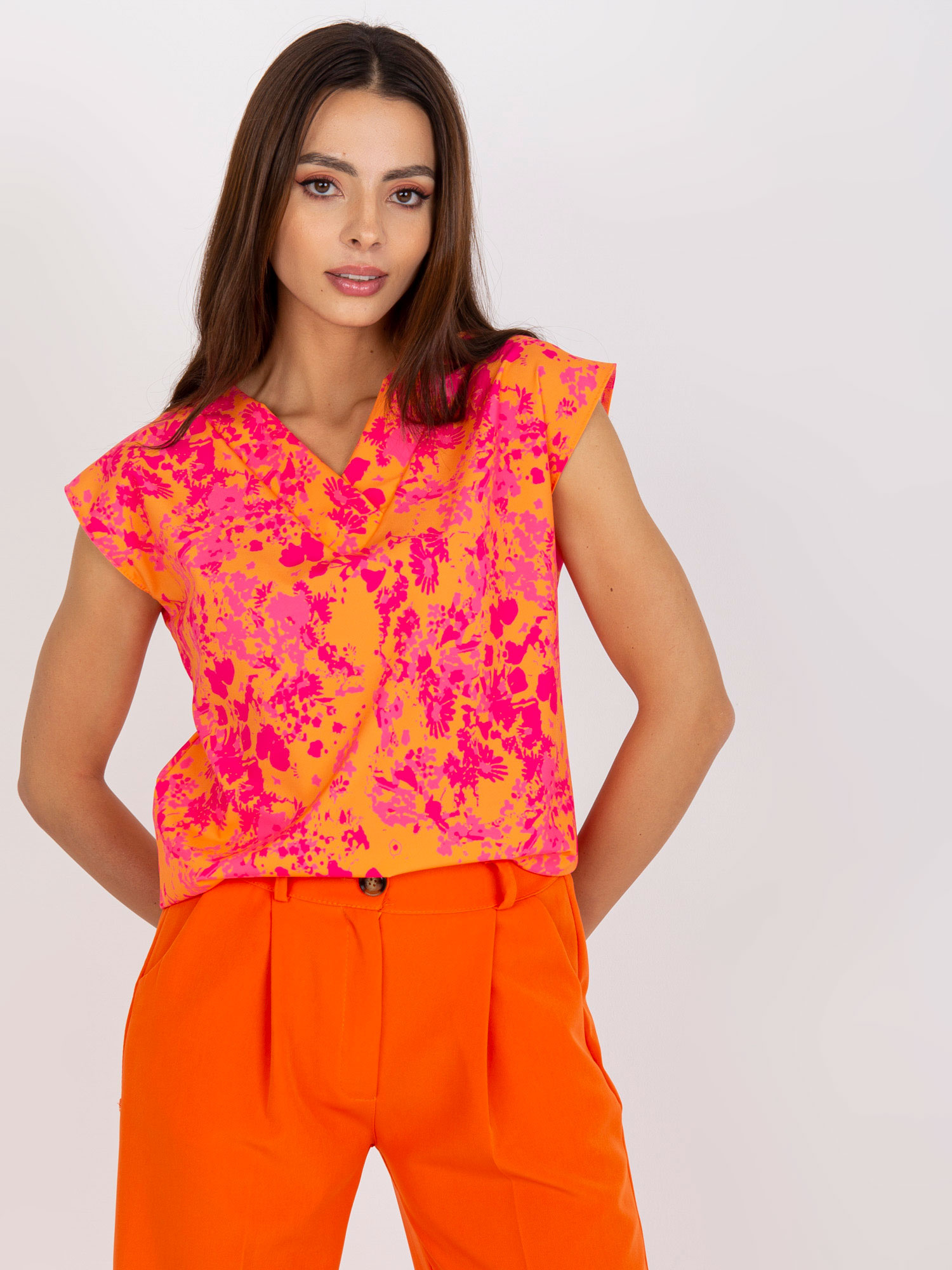 Orange-rosa ärmellose Bluse mit Druck RUE PARIS.