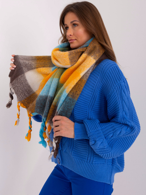 Hurt Niebiesko-brązowy zimowy szal z frędzlami