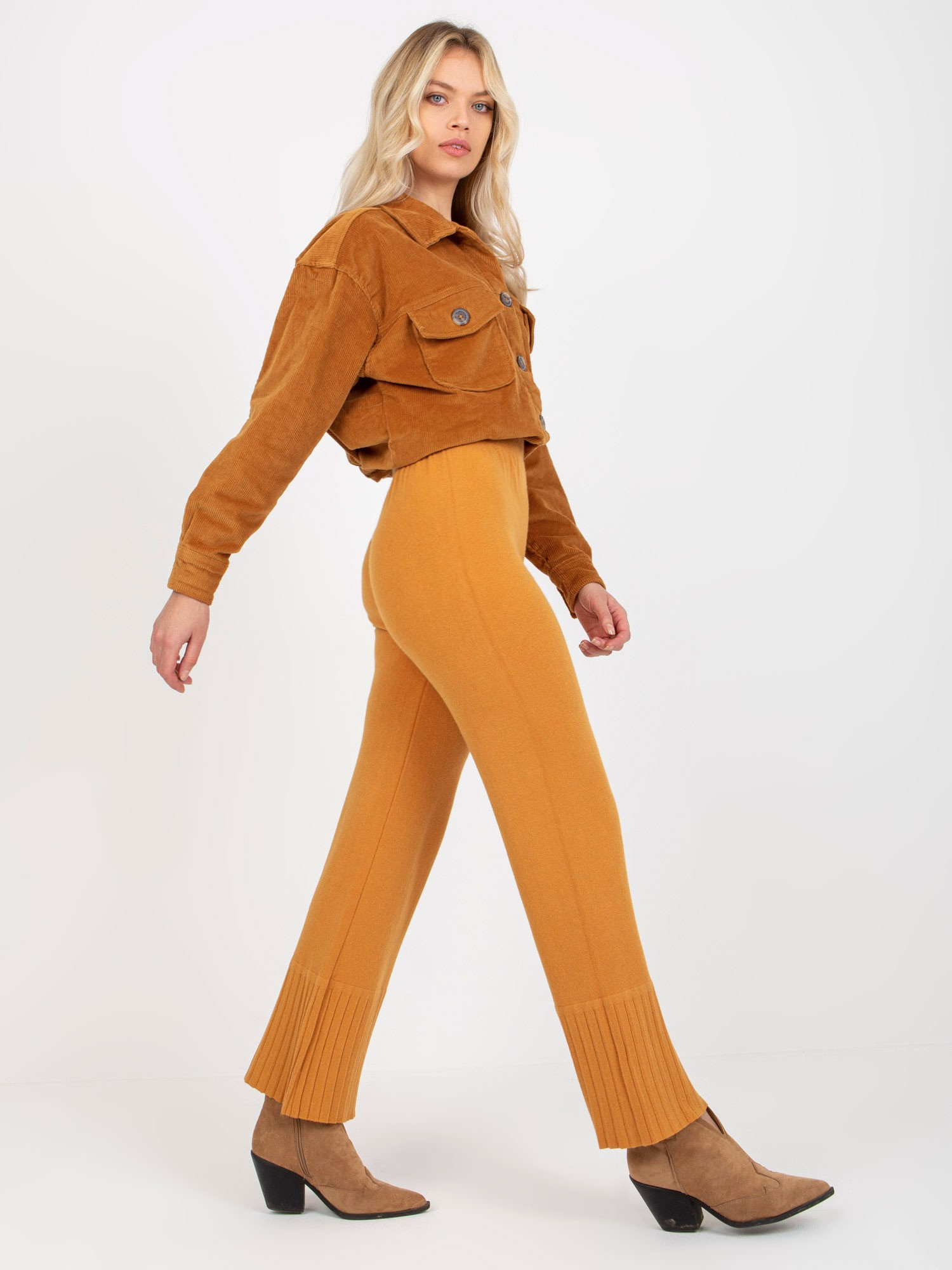 Ciemnożółte szerokie spodnie dzianinowe high waist