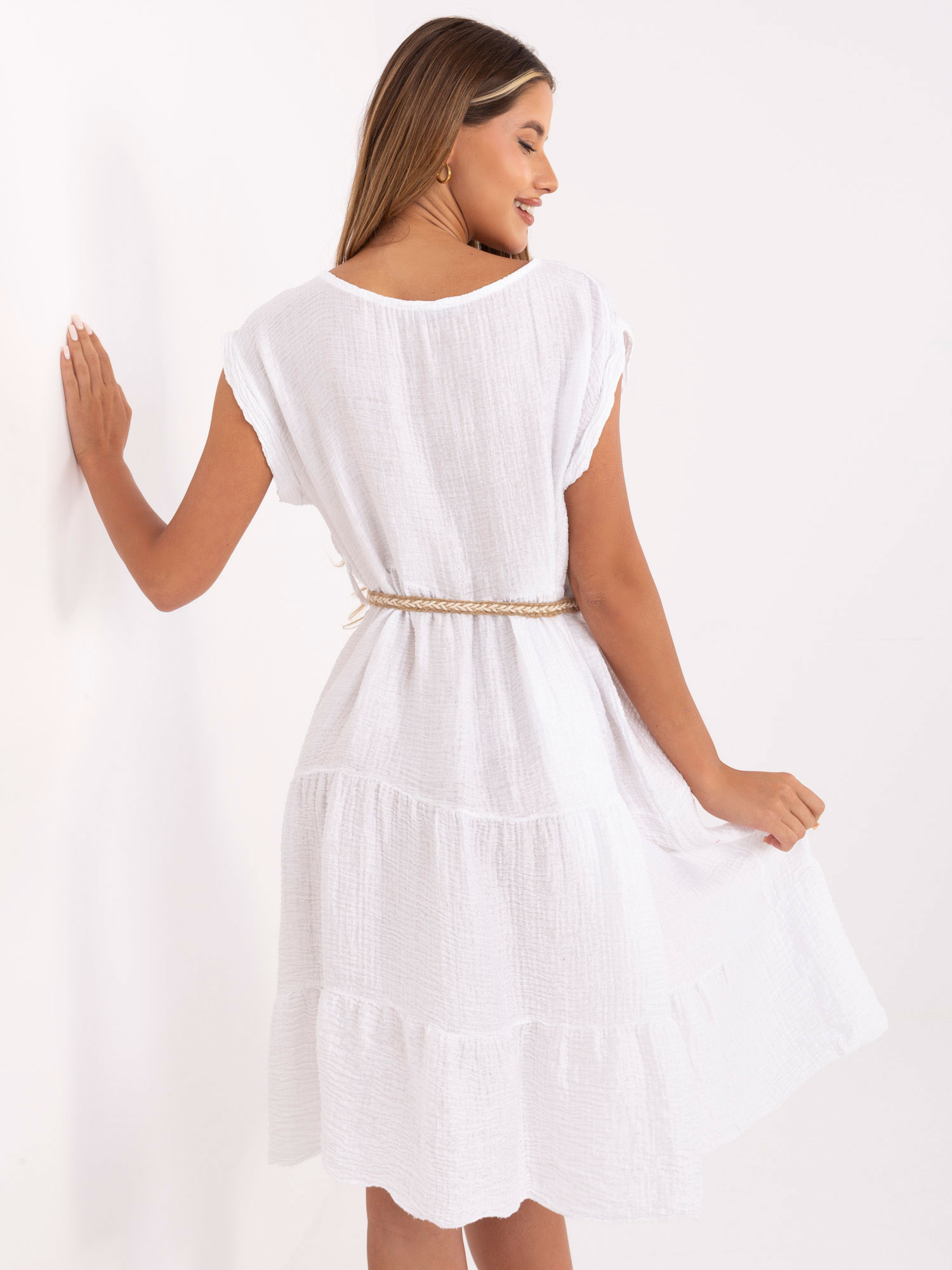 White summer dress with short sleeves.