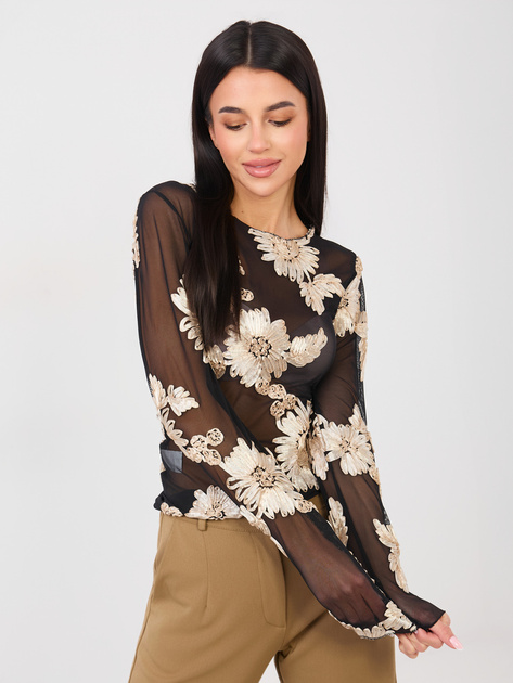 Czarno-beżowa bluzka z kwiatowymi aplikacjami