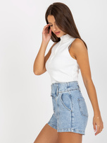 Hurtownia Niebieskie szorty jeansowe damskie high waist z efektem sprania