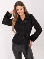 Czarny krótki płaszcz z paskiem RUE PARIS 