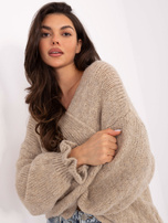 Beżowy kardigan w jednolitym kolorze RUE PARIS 