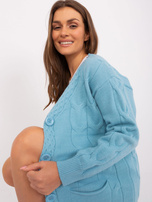 Light blue zip-up sweater with pockets.