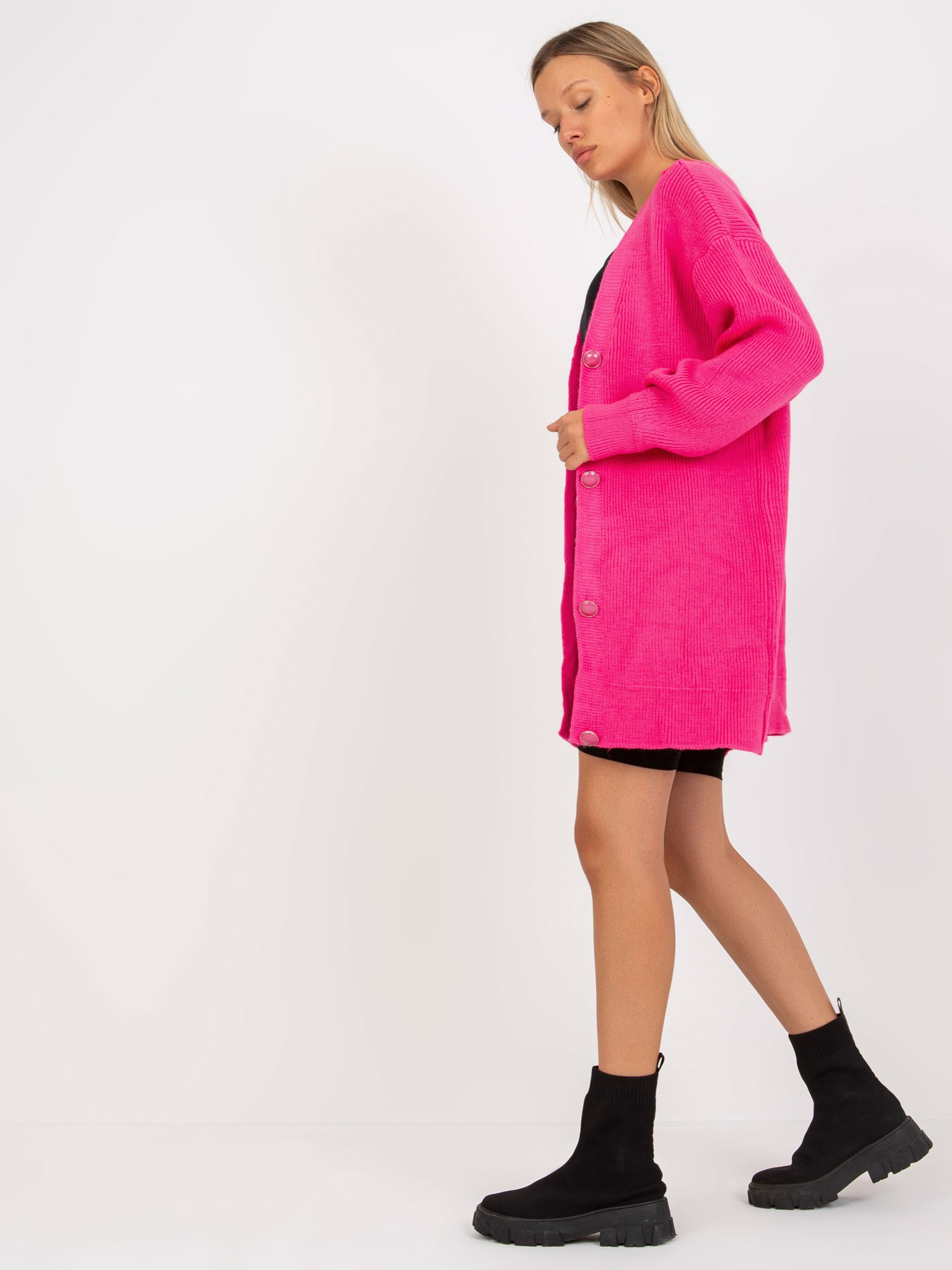 Fluo różowy długi sweter rozpinany z guzikami RUE PARIS