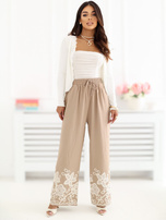 Ciemnobeżowe letnie spodnie z wiązaniem