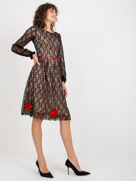 Hurt Czarna koronkowa sukienka koktajlowa z paskiem