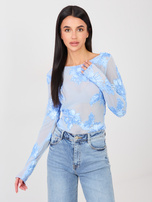 Helleblaue elegante Bluse aus Netz.