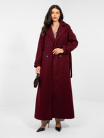 Ciemnobordowy dwurzędowy płaszcz z kieszeniami