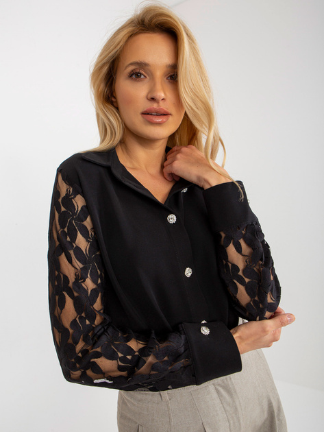 Hurt Czarna elegancka koszula klasyczna z ozdobnymi guzikami