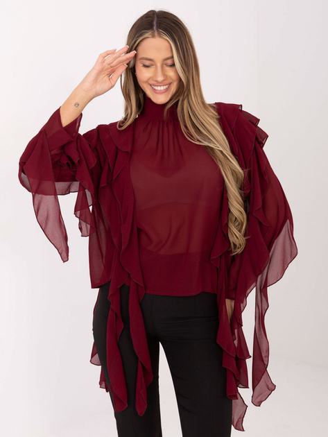Burgundowa damska bluzka z kaskadowymi falbanami