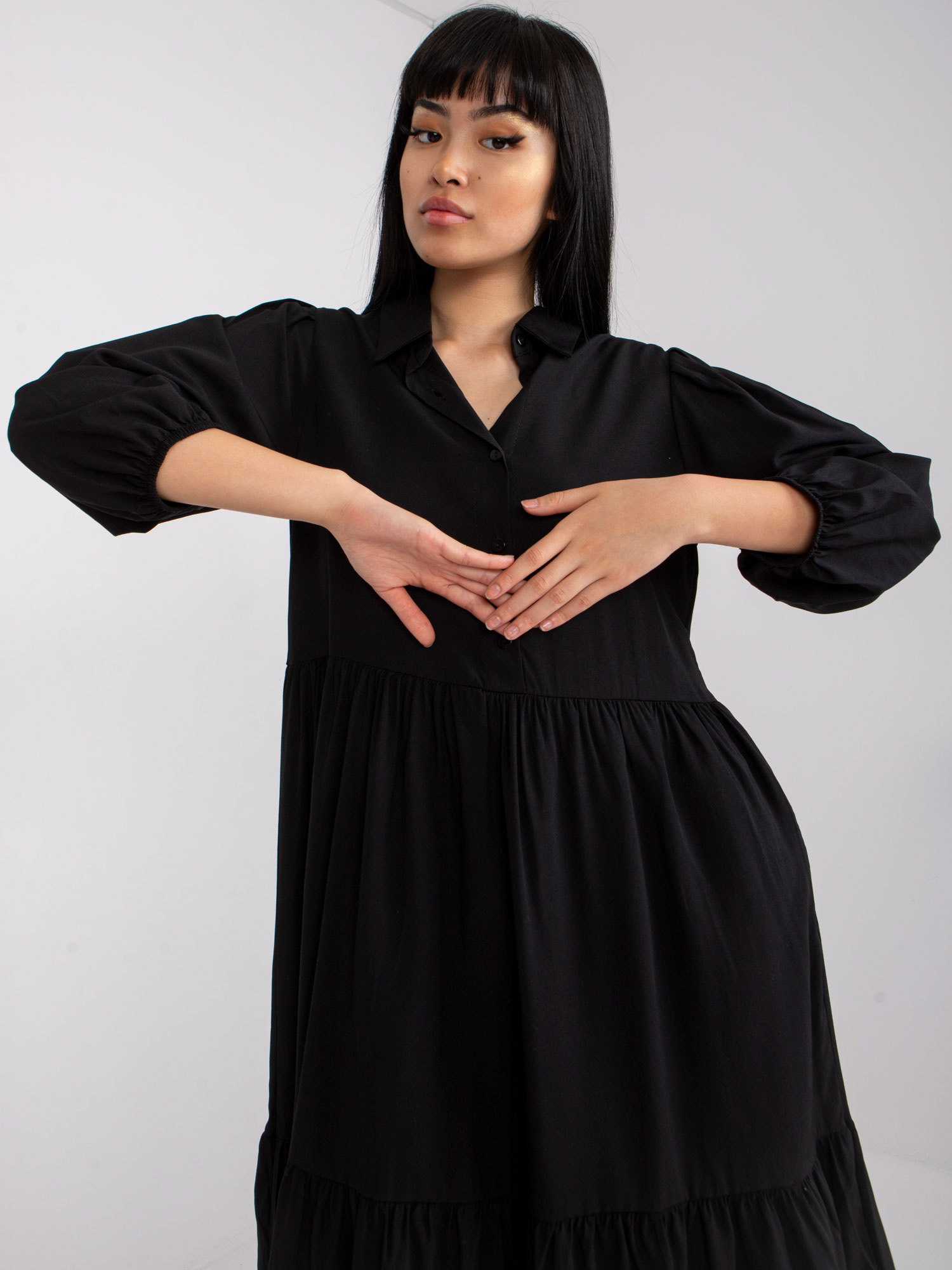 RUE PARIS black flared flounce dress 