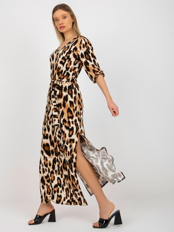 Beige-schwarzes Midi-Kleid mit Leopardenmuster und Bindung.