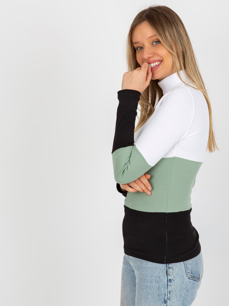 Hurt Ecru-pistacjowa damska prążkowana bluzka basic z golfem