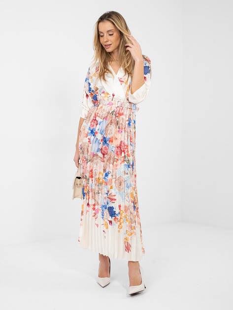 Kremowa satynowa sukienka z kopertowym dekoltem