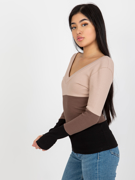 Hurt Beżowo-czarna damska bluzka basic w prążki RUE PARIS