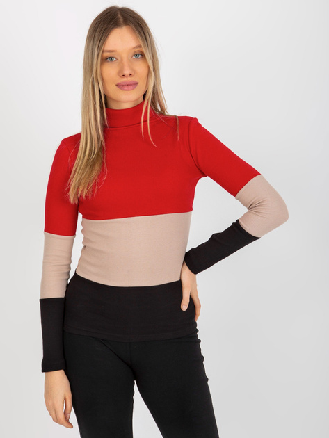 Hurt Czerwono-czarna bluzka basic z golfem w prążek