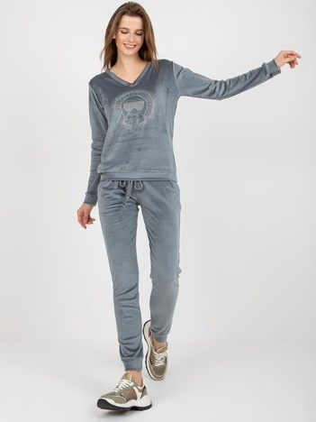 Hurt Brudnoniebieski damski komplet welurowy z aplikacją