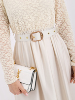 RUE PARIS Light beige evening dress with a lace top.