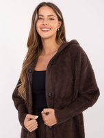 Czekoladowy damski płaszcz alpaka z kapturem 