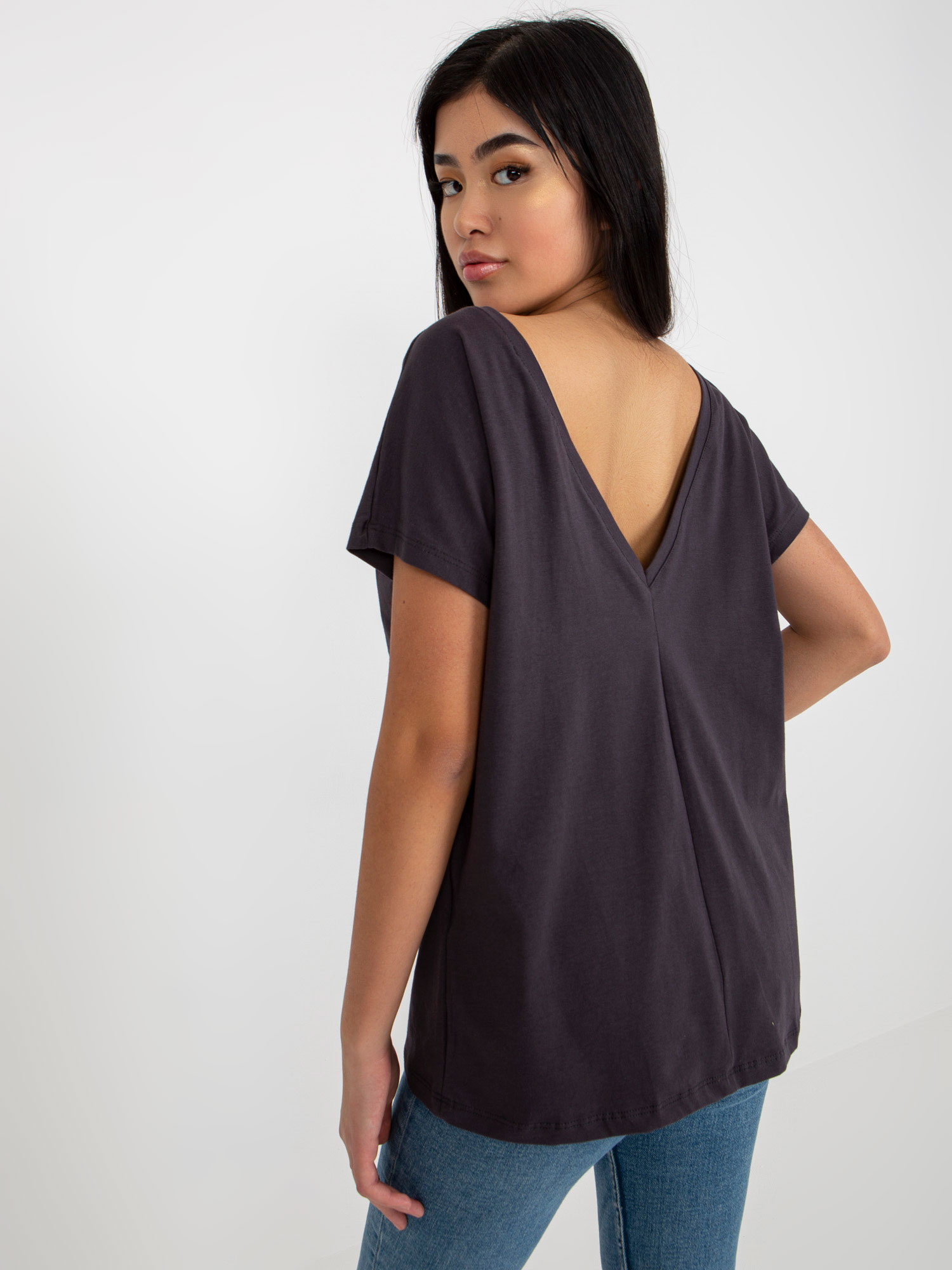 Grafitowy t-shirt basic z dekoltem na plecach Fire