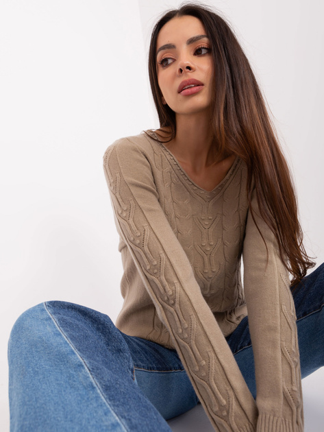 Hurt Ciemnobeżowy sweter z warkoczami z bawełną