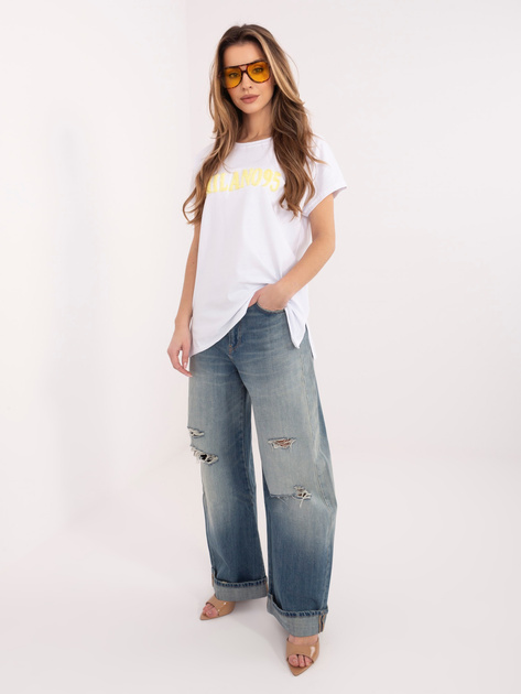 Biało-żółty damski t-shirt z kontrastowym napisem