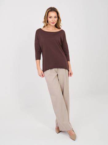 Czekoladowa bawełniana bluzka basic z rękawem 3/4 RUE PARIS 