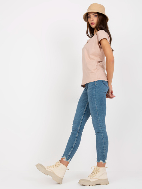 Hurtownia Beżowy damski t-shirt basic z dekoltem w serek