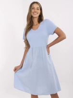 Helleblaue Sommerkleid mit V-Ausschnitt.