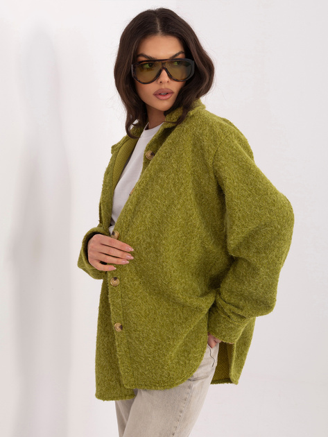 Oliwkowa koszulowa kurtka z dzianiny boucle RUE PARIS
