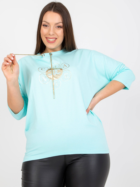Miętowa bluzka plus size z bawełny z aplikacją