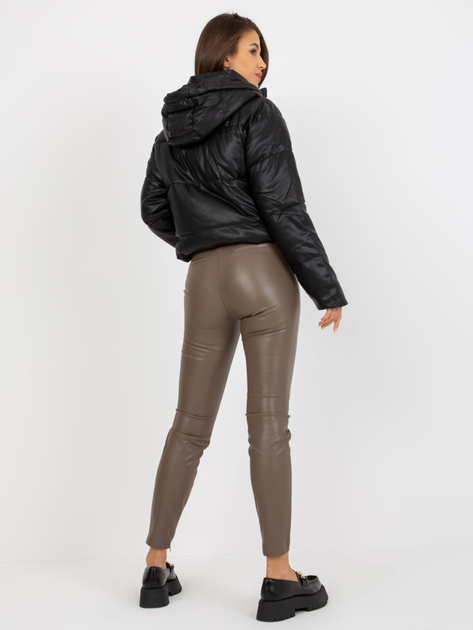 Hurt Czarna puchowa kurtka z ekoskóry z kapturem