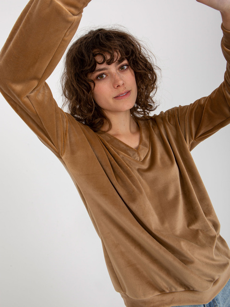 Hurt Camelowa welurowa bluza bez kaptura z dekoltem V