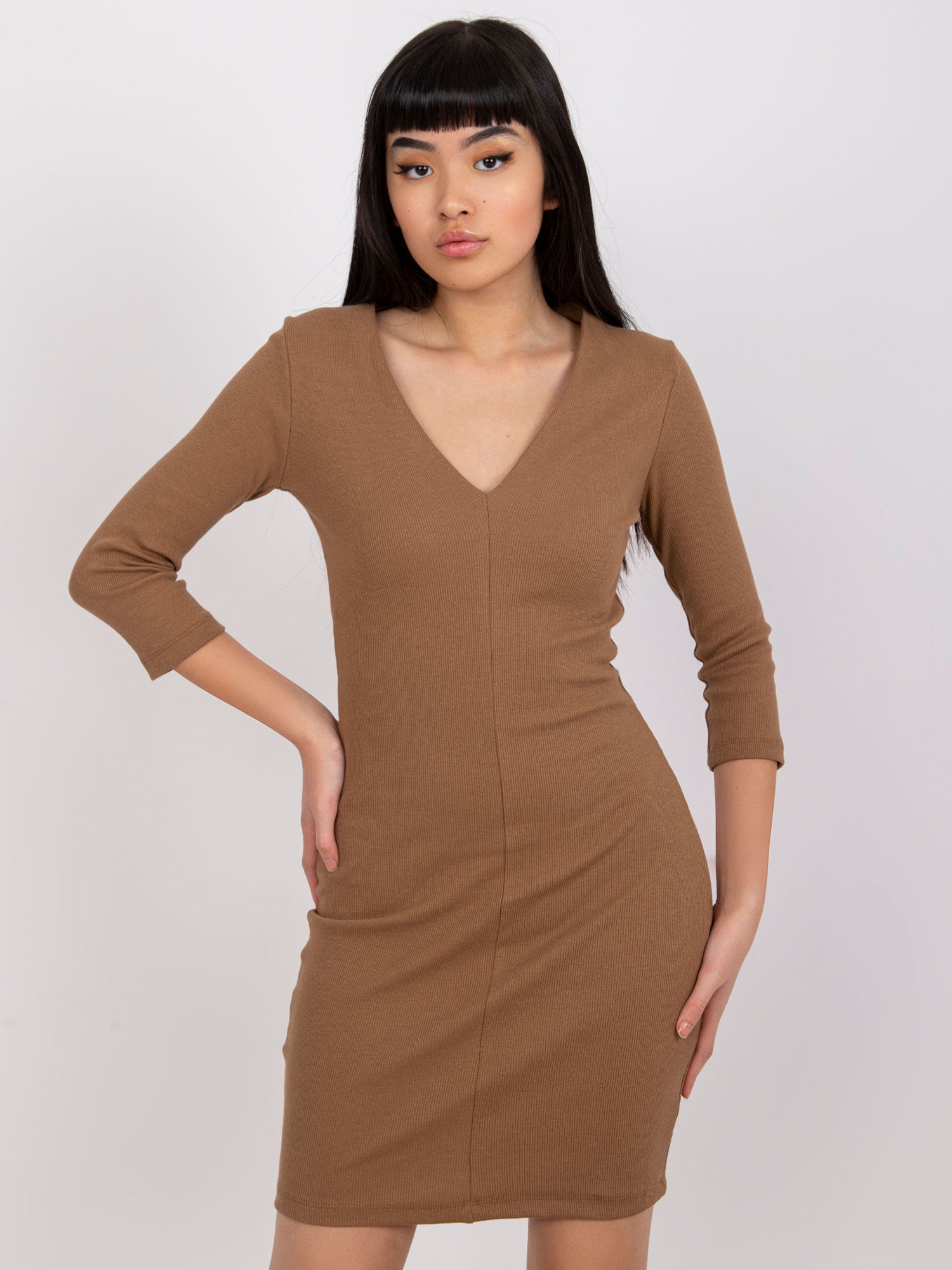 Dark beige ribbed basic dress Esra RUE PARIS.