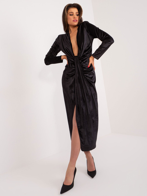 Hurt Czarna welurowa sukienka wieczorowa z rozcięciem